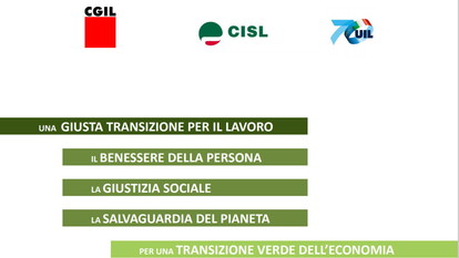 Piattaforma Cgil, Cisl e Uil ‘Una giusta transizione per il lavoro, il benessere della persona, la giustizia sociale, la salvaguardia del pianeta per una transizione verde dell’economia’